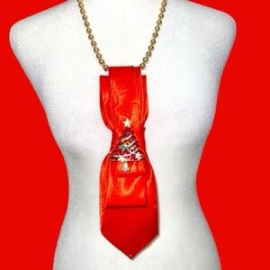 “Dainty Dapper”Elegant Red Christmas necktie  Necklace with tree brooch.